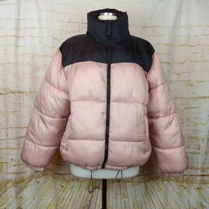 Pull & Bear Puffer Jacket Womens L Pink Black Padded Insulated Zip Gorpcore